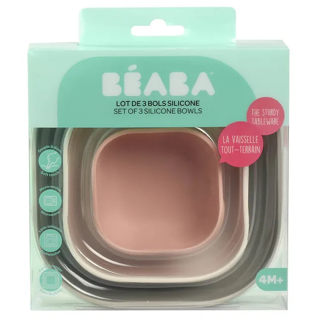 Beaba - Silicone 3 Piece Nesting Bowl Set - Velvet Grey/ Cotton/ Dusty Rose